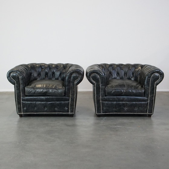 Image 1 of 2 X Zwarte Rundleren Chesterfield Fauteuil