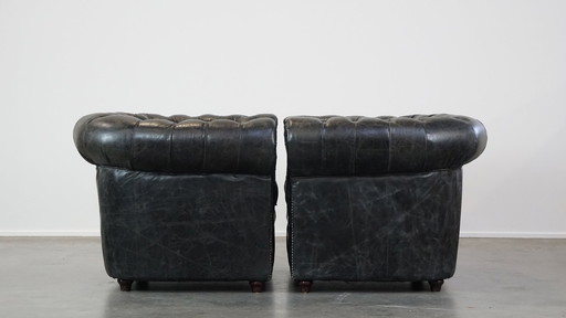 2 X Zwarte Rundleren Chesterfield Fauteuil