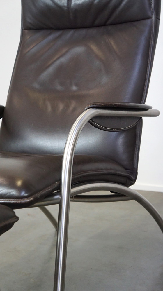 Image 1 of Donkerbruine lederen design fauteuil + hocker, De Sede DS 270