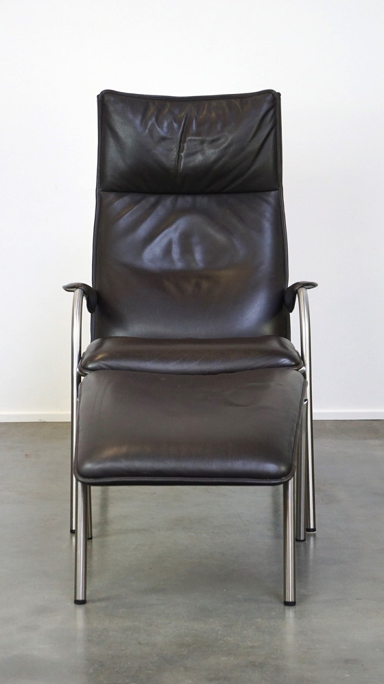 Image 1 of Donkerbruine lederen design fauteuil + hocker, De Sede DS 270