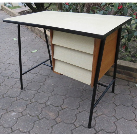 Image 1 of Vintage bureau met 3 laden in metalen buizen, Frankrijk 1950