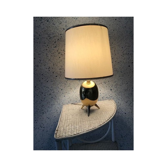 Image 1 of Scandinavische vintage driepootlamp in messing en witte stof, 1960