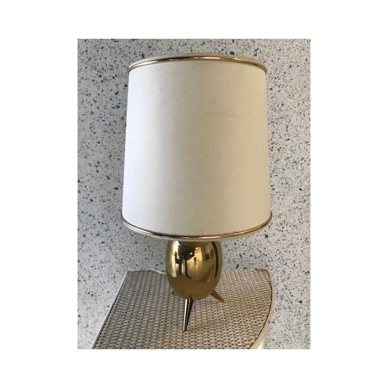 Image 1 of Scandinavische vintage driepootlamp in messing en witte stof, 1960