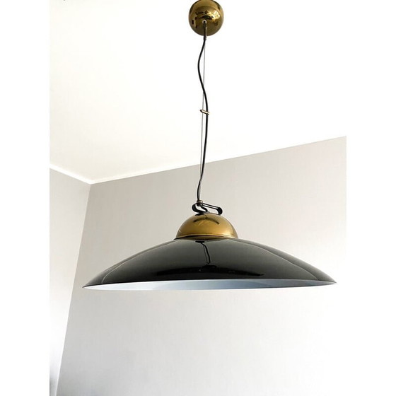 Image 1 of Vintage kroonluchter van messing en zwart gelakt metaal, Italië 1970