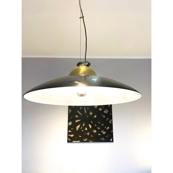 Image 1 of Vintage kroonluchter van messing en zwart gelakt metaal, Italië 1970