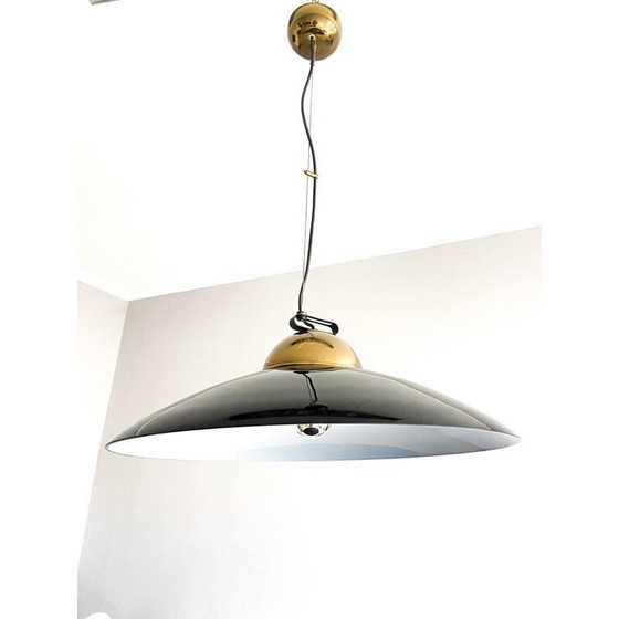 Image 1 of Vintage kroonluchter van messing en zwart gelakt metaal, Italië 1970