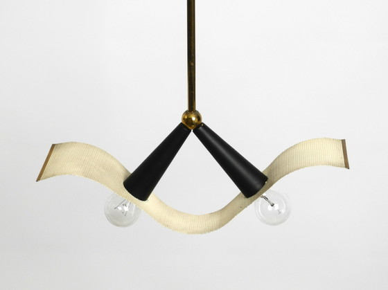 Image 1 of Originele Mid Century messing plafond kegel lamp met een gebogen geperforeerd blad lampenkap