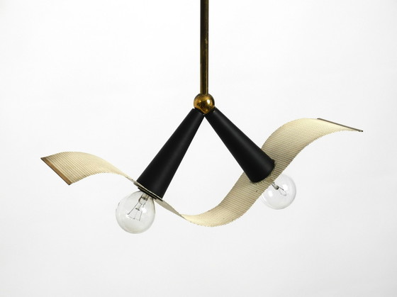 Image 1 of Originele Mid Century messing plafond kegel lamp met een gebogen geperforeerd blad lampenkap