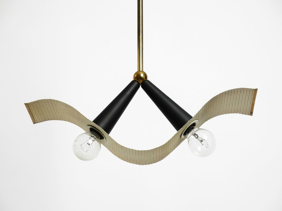 Image 1 of Originele Mid Century messing plafond kegel lamp met een gebogen geperforeerd blad lampenkap
