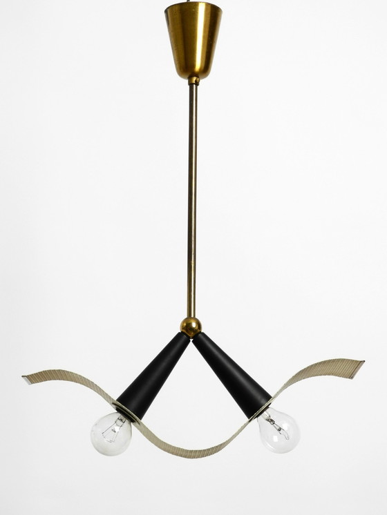 Image 1 of Originele Mid Century messing plafond kegel lamp met een gebogen geperforeerd blad lampenkap