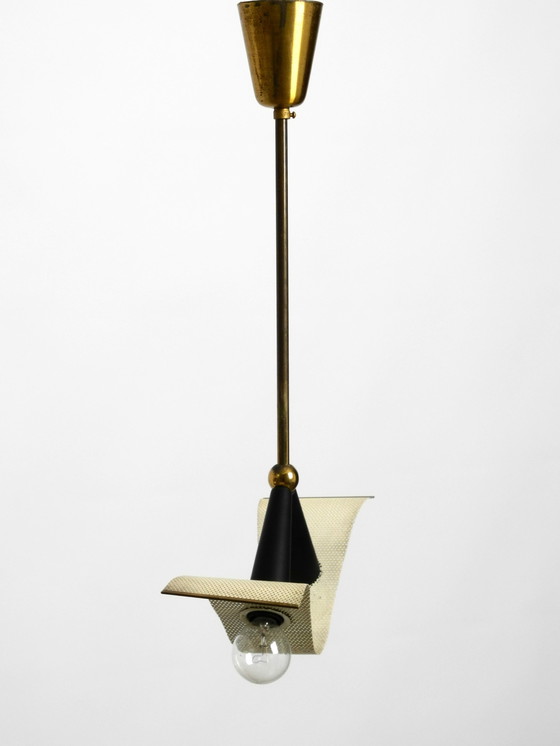 Image 1 of Originele Mid Century messing plafond kegel lamp met een gebogen geperforeerd blad lampenkap