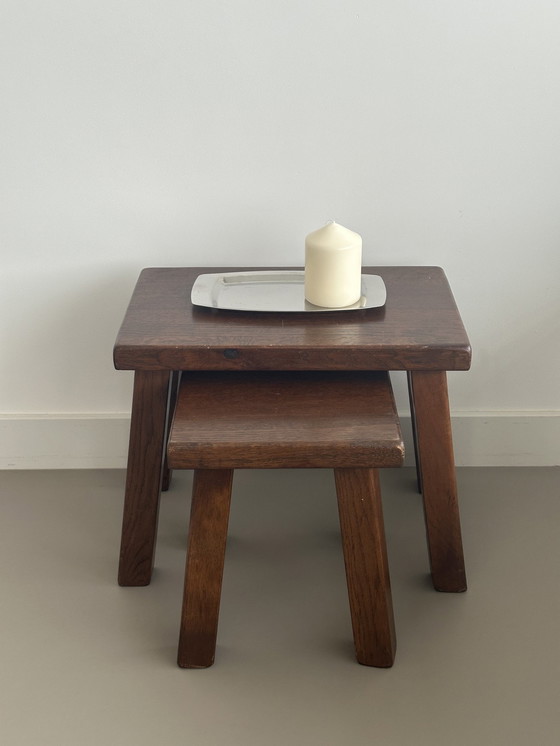 Image 1 of Vintage Brutalist Nesting Mimi Set Bijzettafeltjes Massief Eiken 