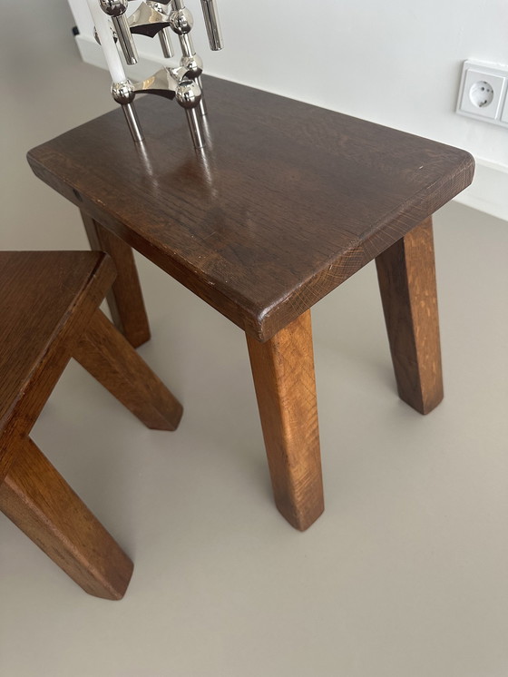 Image 1 of Vintage Brutalist Nesting Mimi Set Bijzettafeltjes Massief Eiken 
