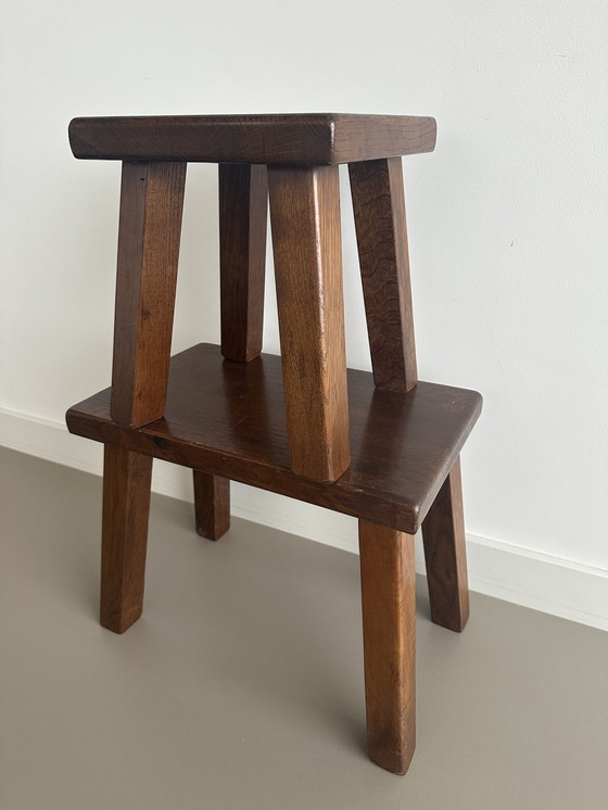 Image 1 of Vintage Brutalist Nesting Mimi Set Bijzettafeltjes Massief Eiken 