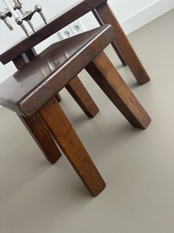 Image 1 of Vintage Brutalist Nesting Mimi Set Bijzettafeltjes Massief Eiken 