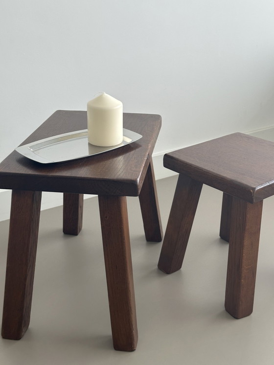 Image 1 of Vintage Brutalist Nesting Mimi Set Bijzettafeltjes Massief Eiken 