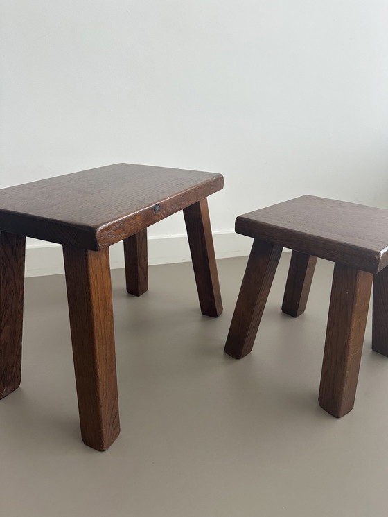 Image 1 of Vintage Brutalist Nesting Mimi Set Bijzettafeltjes Massief Eiken 
