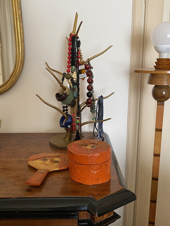 Image 1 of Mid Century Eclectische Papier-Mâché kapspiegel en juwelendoos, Paul Larsen, Denemarken 1956