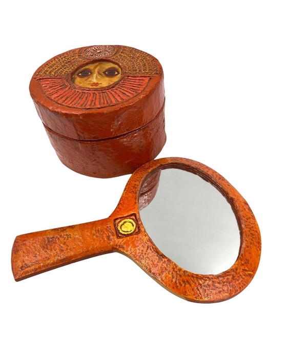 Image 1 of Mid Century Eclectische Papier-Mâché kapspiegel en juwelendoos, Paul Larsen, Denemarken 1956