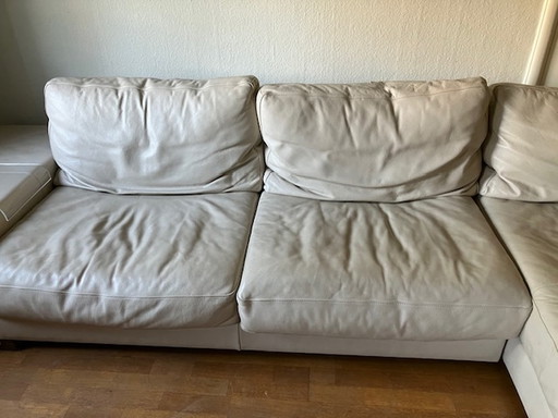 Natuzzi creme/wit leren bank met lounge gedeelte