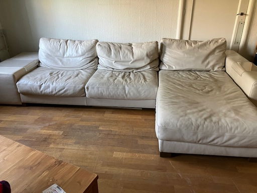 Natuzzi creme/wit leren bank met lounge gedeelte