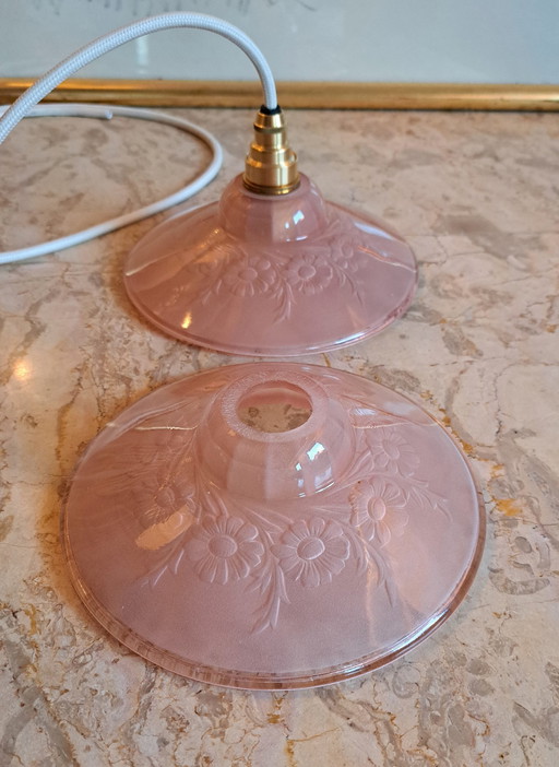 2 Art Deco Glazen Hanglampjes Roze