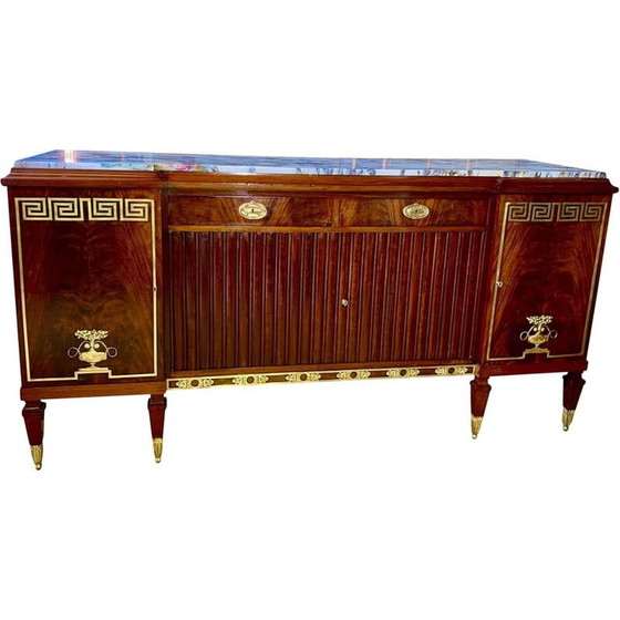 Image 1 of Vintage Art Deco highboard van mahoniehout, verguld brons en wit marmer, jaren 1950