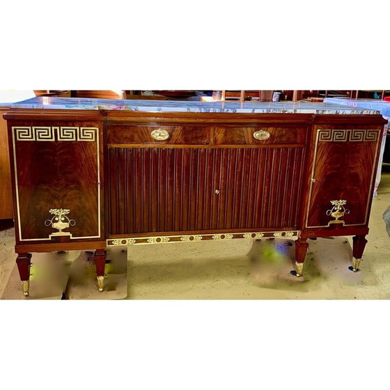 Image 1 of Vintage Art Deco highboard van mahoniehout, verguld brons en wit marmer, jaren 1950