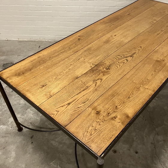 Image 1 of Grote Stalen Eettafel Met Eiken Blad