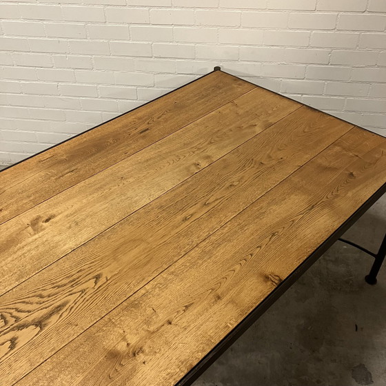 Image 1 of Grote Stalen Eettafel Met Eiken Blad