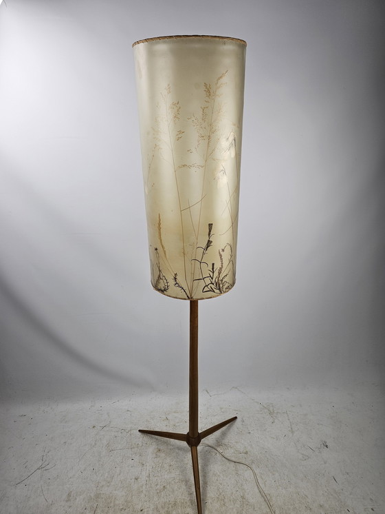 Image 1 of Vloerlamp Met Driepoot En Hoge Kap Met Plantenmotief