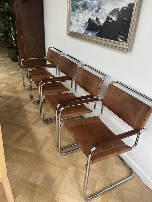 4x Thonet S34 Armstoel by Mart Stam Chroom / Buffelleder / Geolied Walnoot