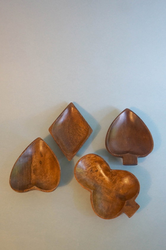 Image 1 of Teak wooden card suit snack peanut bowls mid century poker