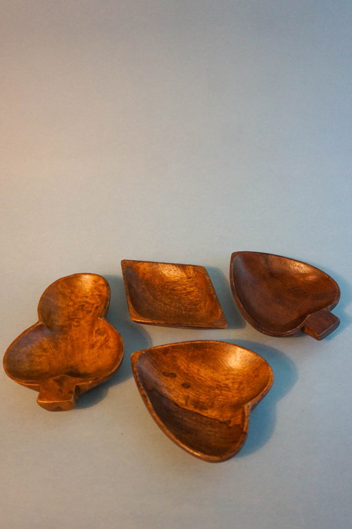 Teak wooden card suit snack peanut bowls mid century poker