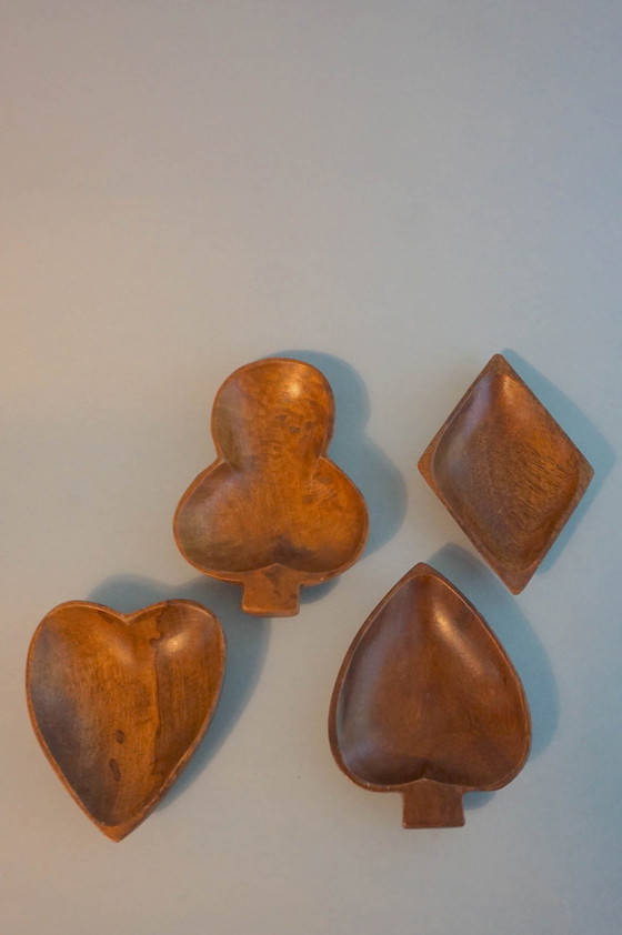 Image 1 of Teak wooden card suit snack peanut bowls mid century poker