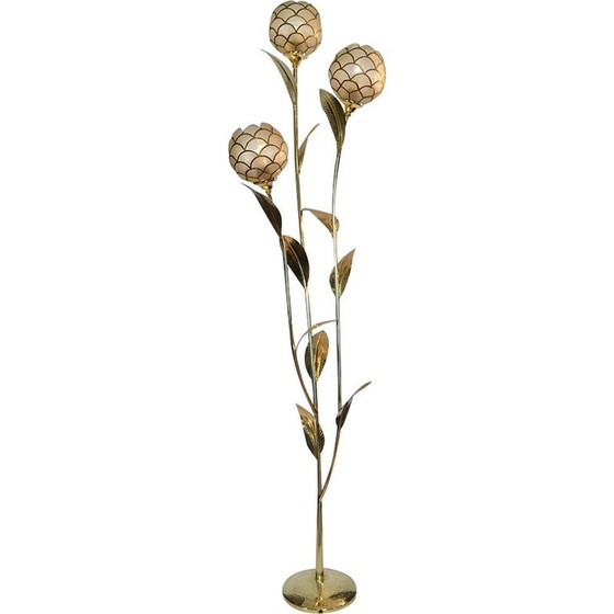 Image 1 of Vintage staande lamp van messing en parelmoer met bloemenmotief van Capiz, Frankrijk, jaren 70