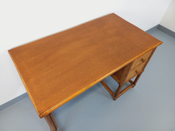 Image 1 of Vintage rotan, gevlochten rotan en houten bureau stijl Maugrion voor Roche-Bobois uit de jaren 70