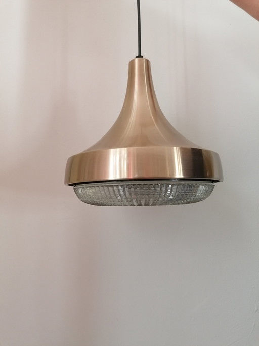 Vintage Koperkleurige Hanglamp Met Kristallen Onderrand