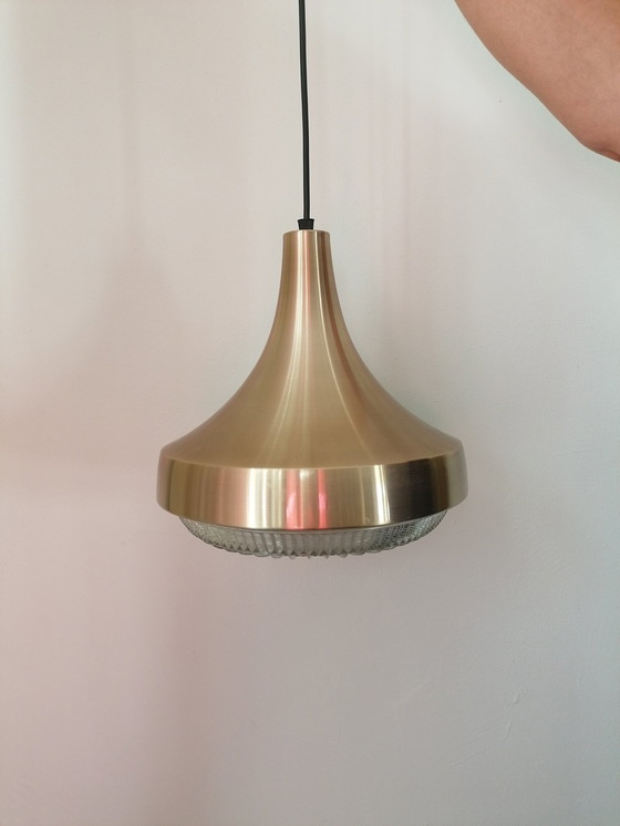 Image 1 of Vintage Koperkleurige Hanglamp Met Kristallen Onderrand