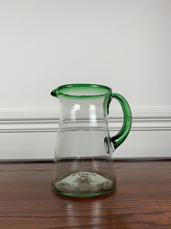 Image 1 of  Vintage geblazen glazen kan, groene rand