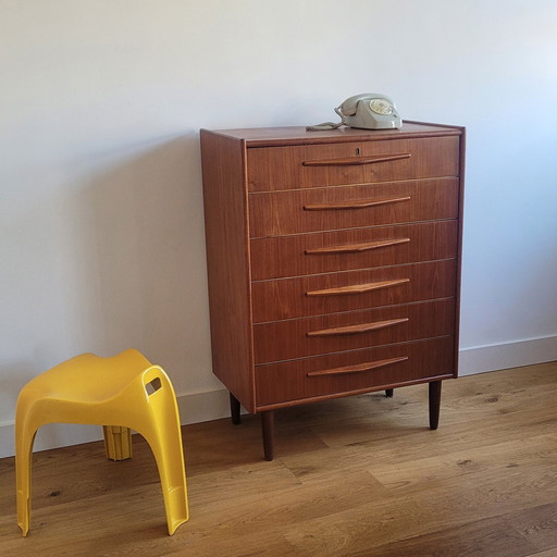 Vintage Mid-Century Deense Ladekast | Teak | 6 Lades | H=109 Cm