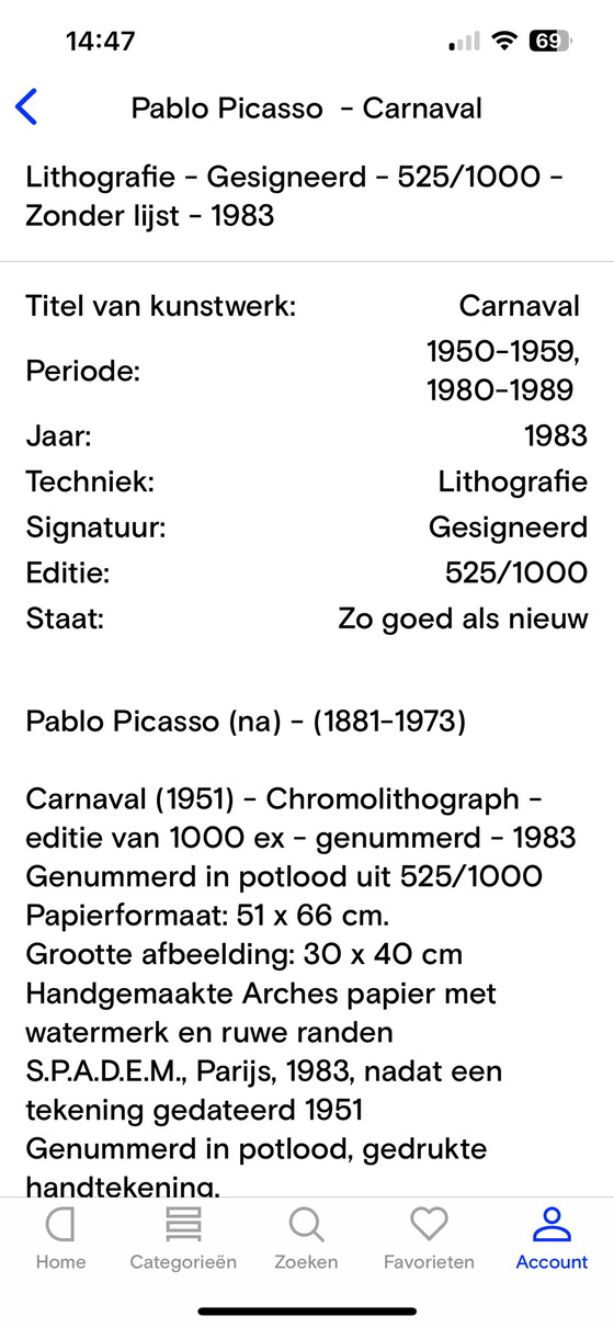 Image 1 of Picasso zeefdruk in lijst