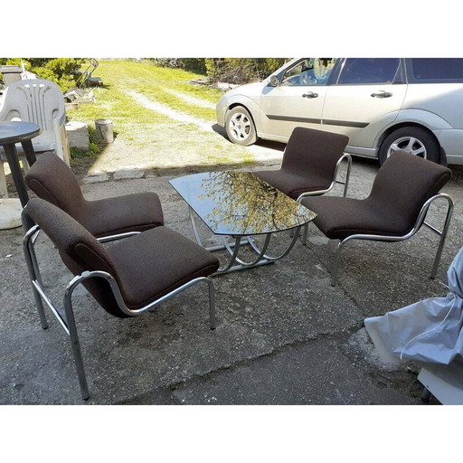 Set van 4 Vintage Hongaarse Fauteuils en Tafel Verchroomd Metaal 1970