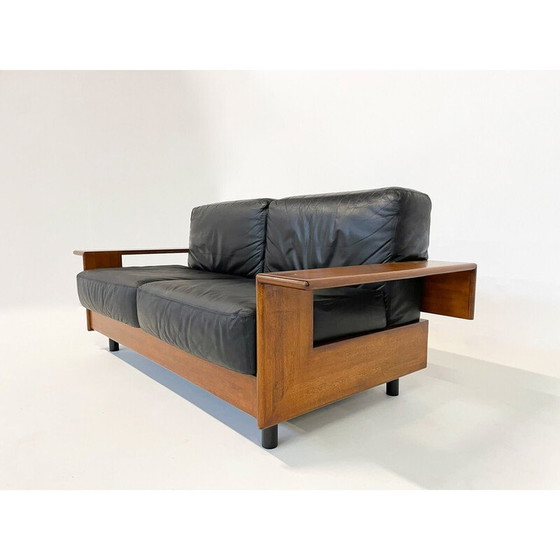 Image 1 of Italiaanse bank in zwart leer en hout, Mid Century, 1960