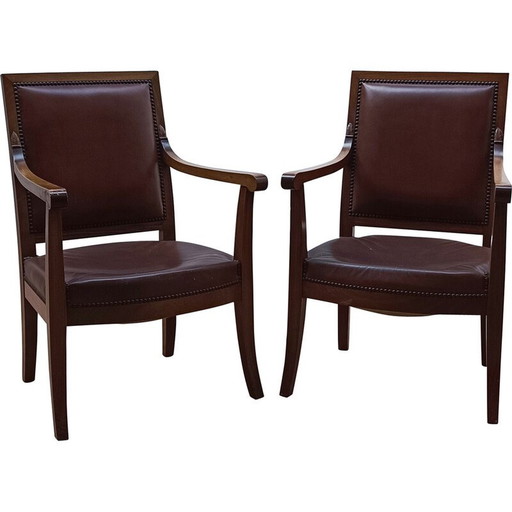 Vintage fauteuil in houtsnijwerk en bruin leer