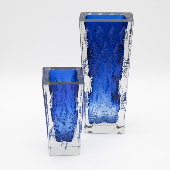 Image 1 of Blauw Blokglas Vaas Duo Kurt Wokan Ingrid Glas Eisglas Borckenglas Retro