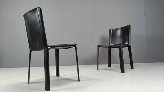 Image 1 of Vintage zwart leren eetkamerstoelen van Cidue, set van 4 - jaren 1980