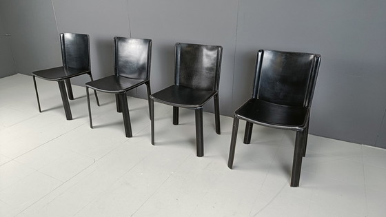 Image 1 of Vintage zwart leren eetkamerstoelen van Cidue, set van 4 - jaren 1980