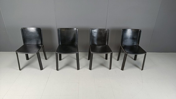 Image 1 of Vintage zwart leren eetkamerstoelen van Cidue, set van 4 - jaren 1980