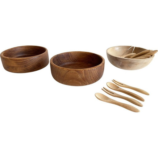 Set van 3 vintage kommen met 12 bestekken van hout en teakhout
